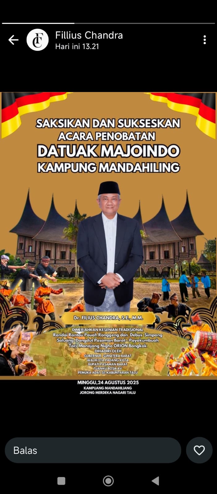 Putra Raja Tuanku Bosa XIV, DR. Filius Chandra Akan Dilewakan Sebagai Datuk Majoindo