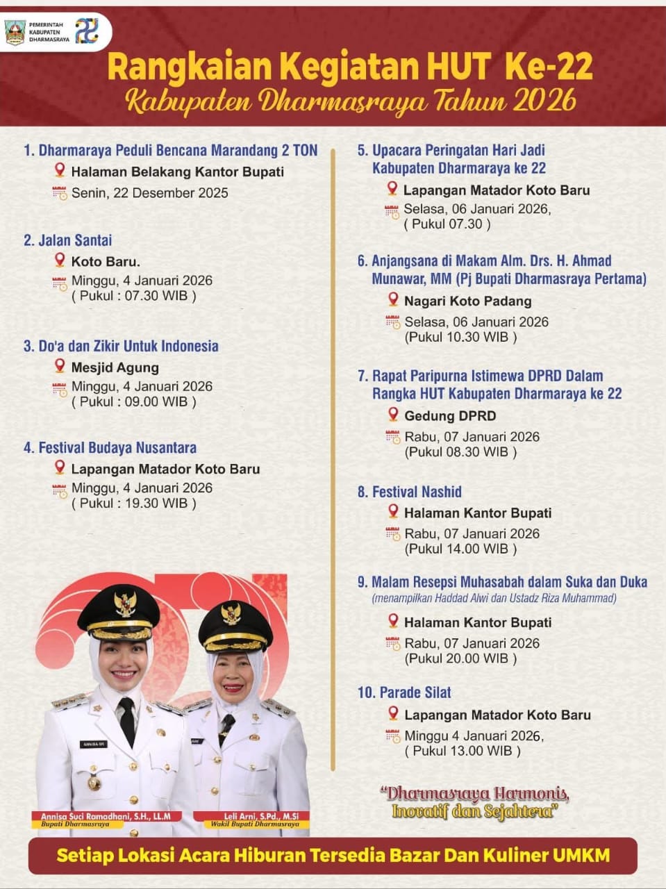 Rangkaian Acara HUT 22 Dharmasraya, Menghadirkan Artis dan Ustad. Jalan Santai Bertabur Hadiah